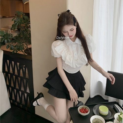 Áo Sơ Mi Ngắn Ôm Dáng Tay Phồng Cổ Polo Đính Đá Tinh Tế Thời Trang Mùa Hè Cho Nữ