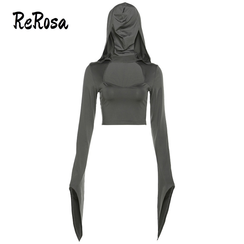 Rerosa Áo Hoodie Croptop Tay Dài Dáng Ôm Màu Trơn Khoét Rỗng Thời Trang 2023 Dễ Phối Đồ Cho Bạn Gái