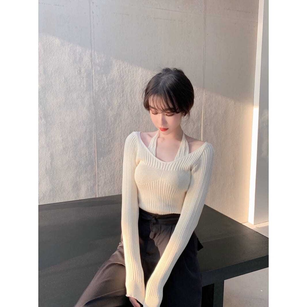 Áo sweater Dệt Kim Hai Dây Dáng Ôm Tay Dài Thời Trang Cho Bạn Gái