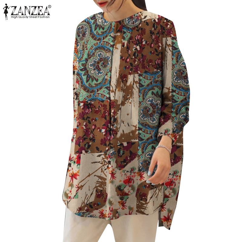 Áo ZANZEA vải lanh cotton cổ tròn tay dài in họa tiết thời trang dành cho nữ