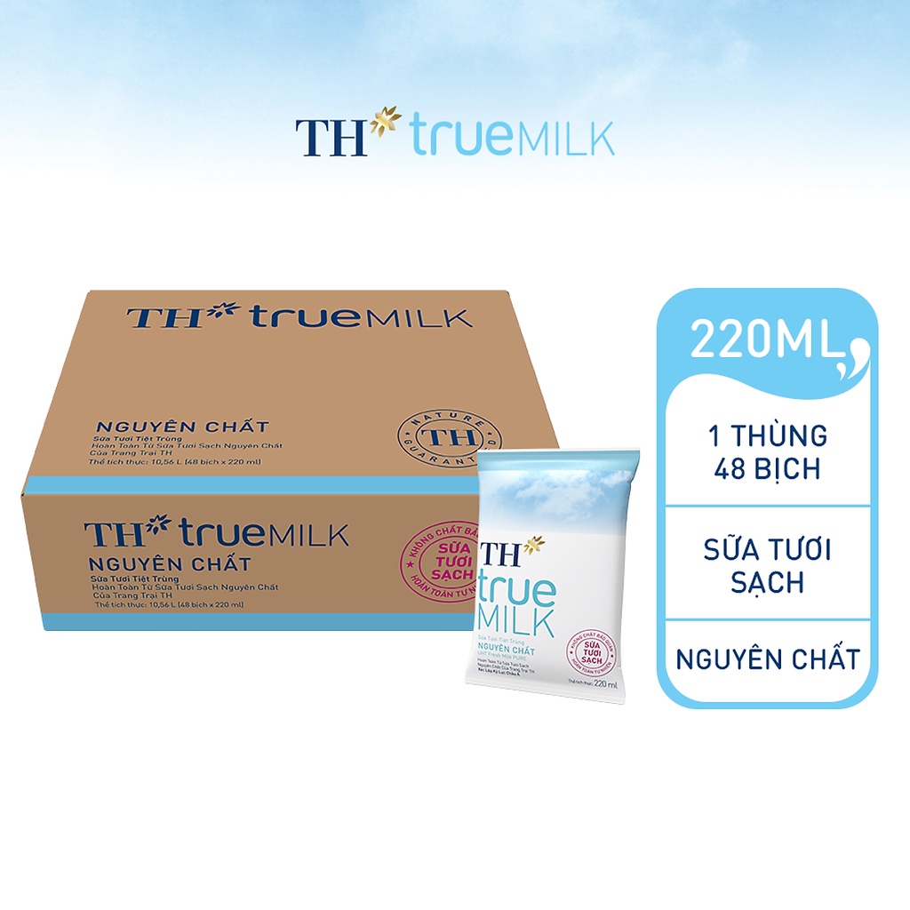 Thùng 48 bịch sữa tươi sạch nguyên chất TH True Milk bịch giấy 220ml