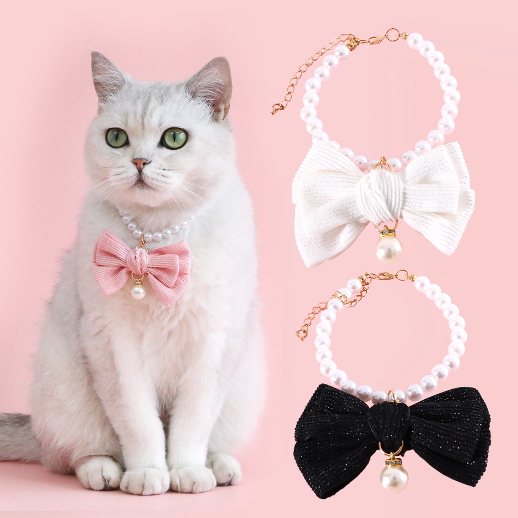 Vòng cổ cho thú cưng nữ quần áo mèo ngọc trai bowknot vòng cổ cho chó bộ cổ áo công chúa phong cách mèo cổ áo cho chương trình cuộc thi cún con kitten đội đầu