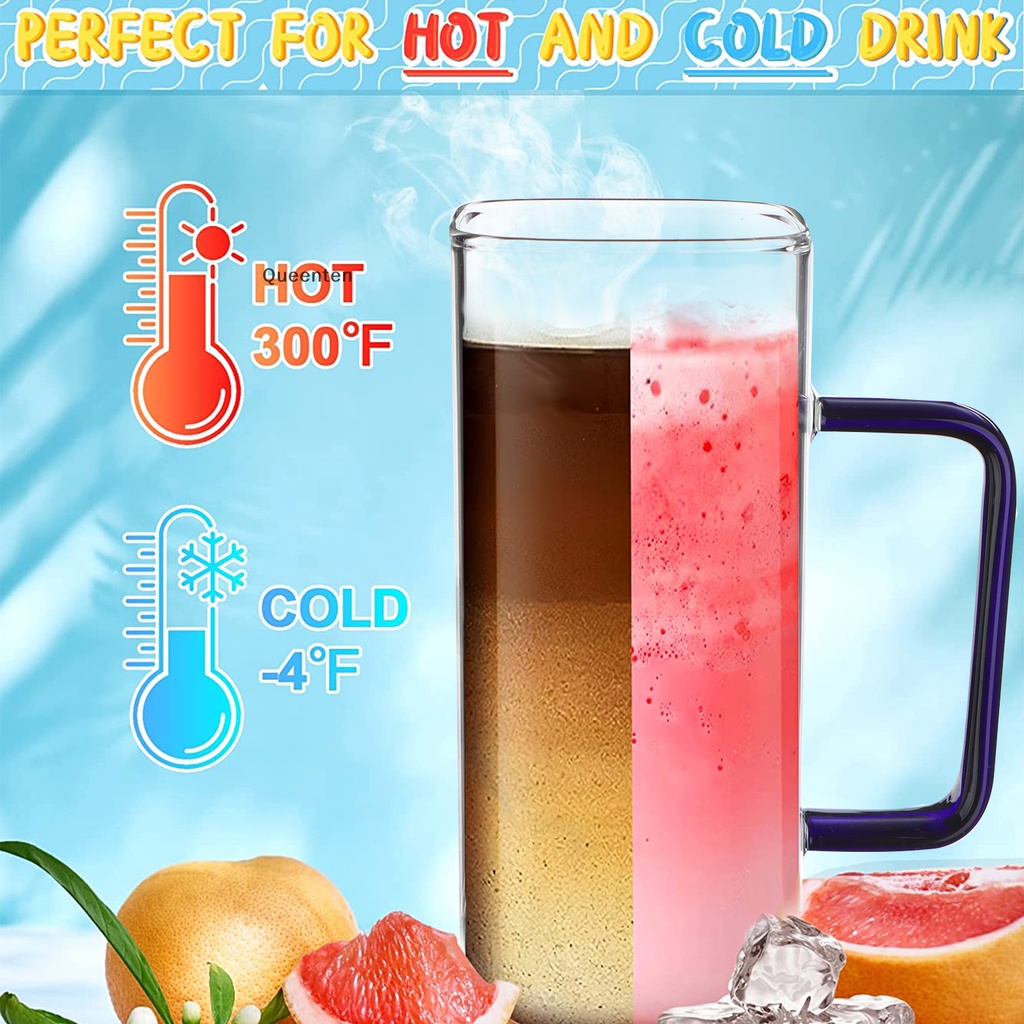 Ly uống queenten 4 gói có nắp tre và ống hút thủy tinh, ly thủy tinh 14oz / 400ml có nắp và ống hút, ly uống vuông cho cocktail, rượu whisky, cà phê nóng / đá, juic