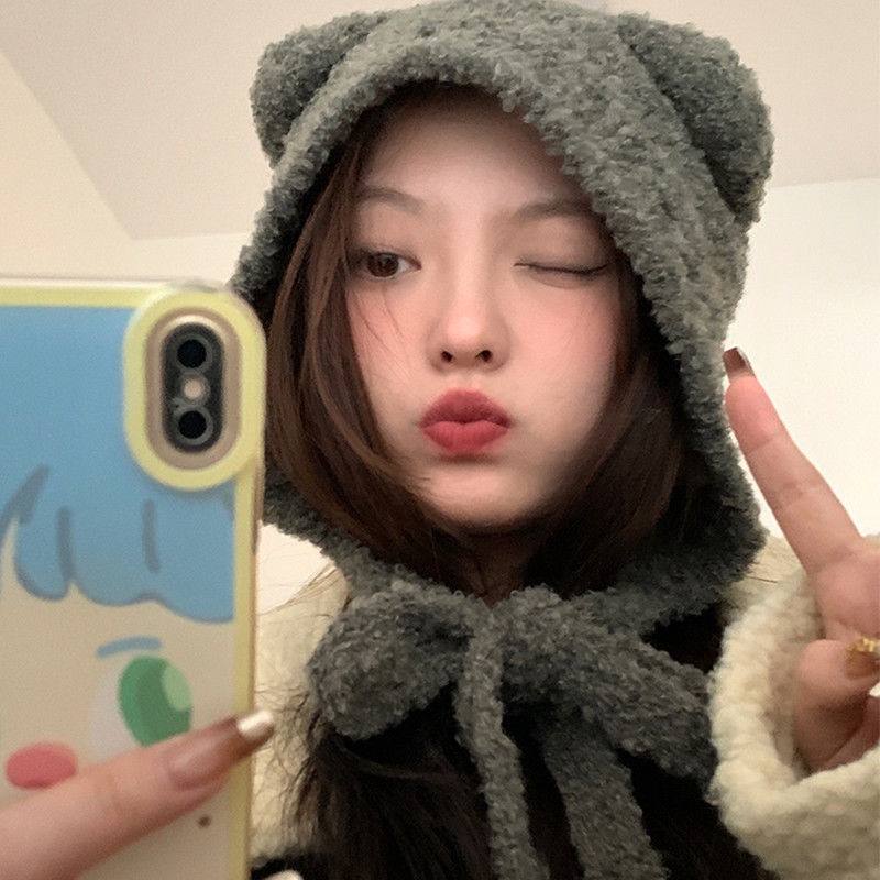 Mũ Len Dệt Kim Đính Tai Gấu Nhỏ Dễ Thương Giữ Ấm Mùa Đông Cho Nữ