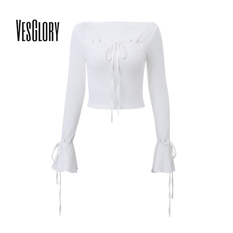 Áo thun croptop VESGLORY ôm dáng vừa vặn cổ tròn phối dây tay loe màu trơn thời trang 2023 cho nữ