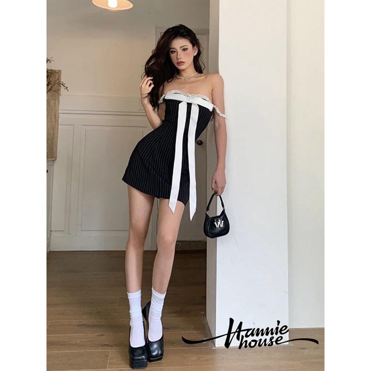 Hannie-women ́s màu đen trễ vai ren khâu nơ trang trí váy