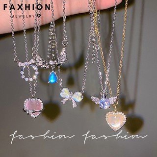 Faxhion Hàn Quốc Pha Lê Kim Cương Mặt Dây Chuyền Trái Tim Vòng Cổ Cho Nữ Nơ Bạc Dây Chuyền Choker Y2K Phụ Kiện Trang Sức