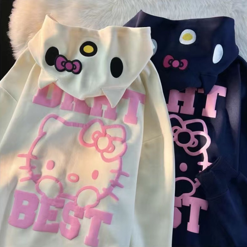 Áo Khoác Hoodie Có Khóa Kéo Thêu Hình Mèo kitty Dễ Thương