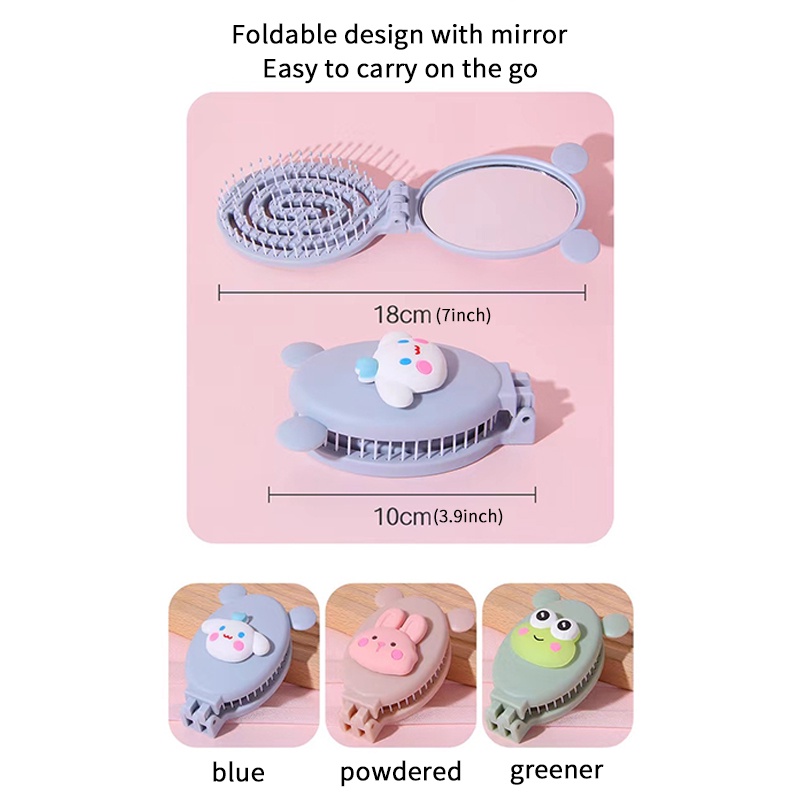 Lược gấp mini hoạt hình dễ thương có gương trẻ em lật bàn chải tóc massage đầu di động - HSU