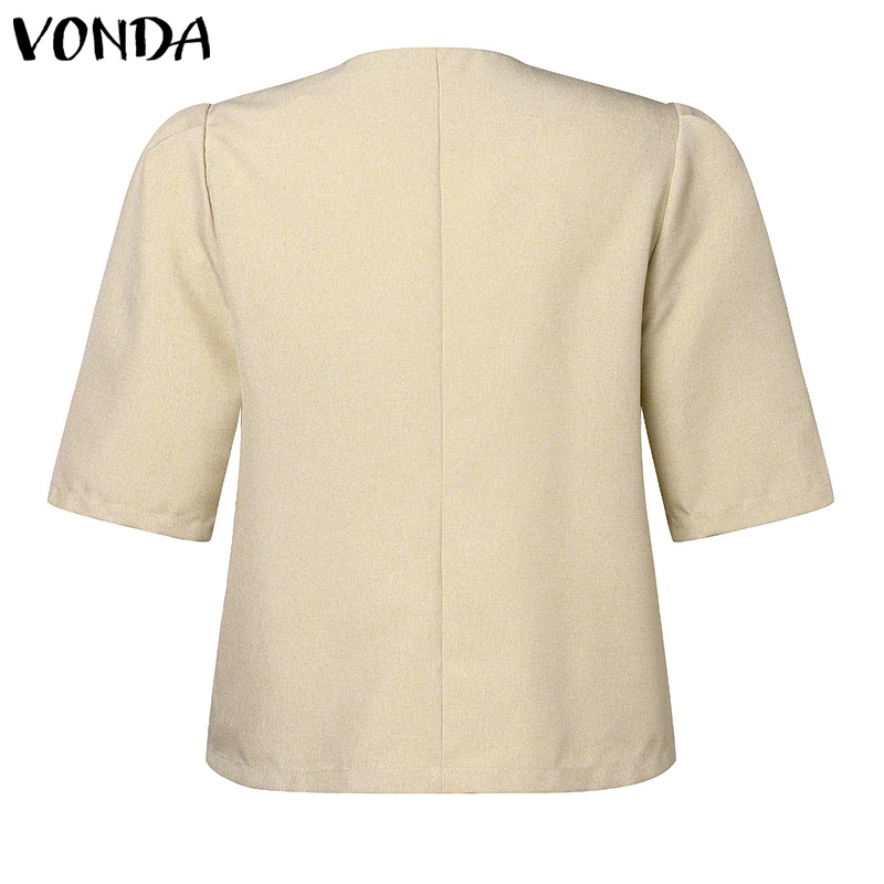 Áo VONDA tay ngắn phồng cổ chữ V màu trơn thời trang Hàn Quốc dành cho nữ