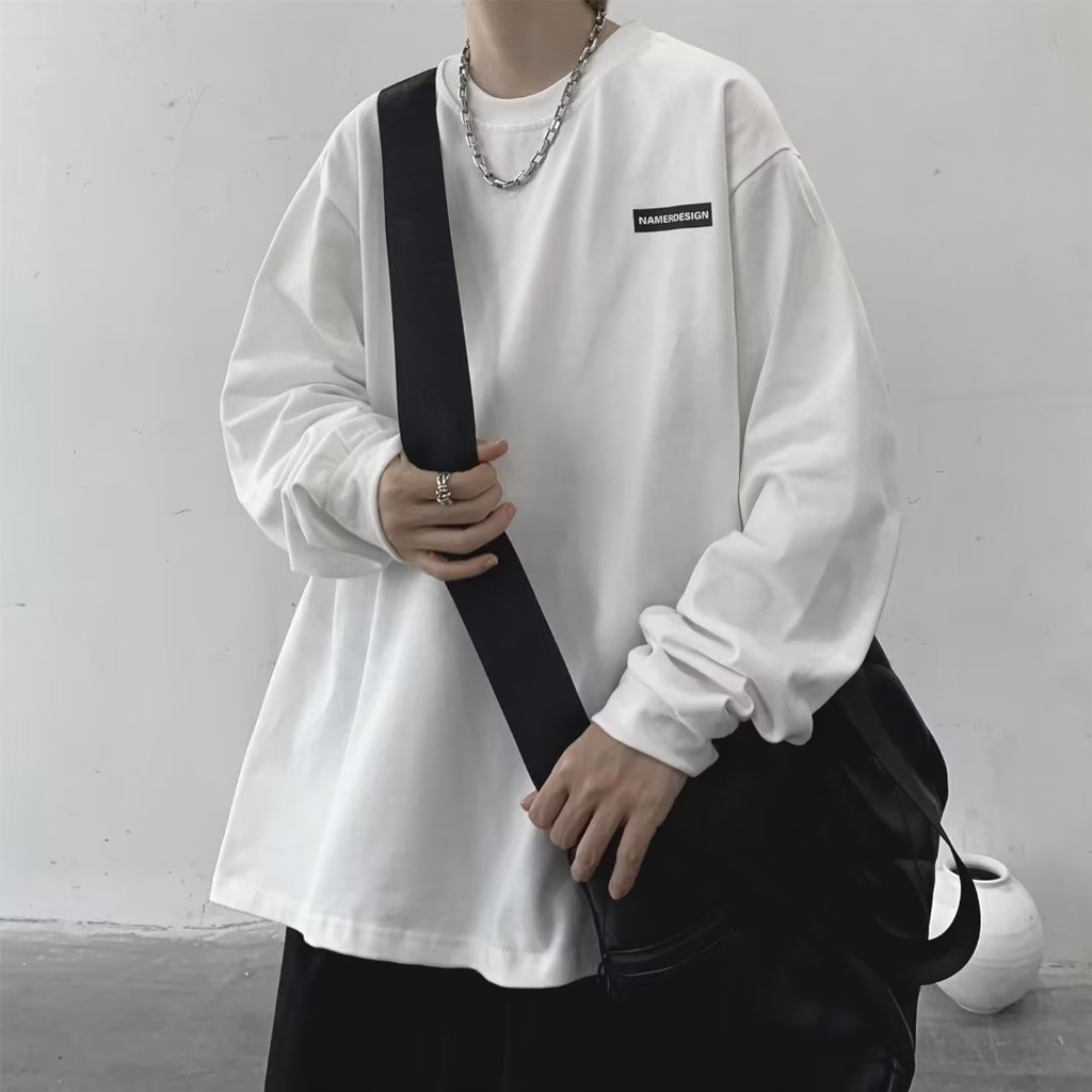 Áo thun ngoại cỡ màu đỏ rượu vang tay dài dáng rộng thường ngày size lớn M-8XL phong cách lười cho nam