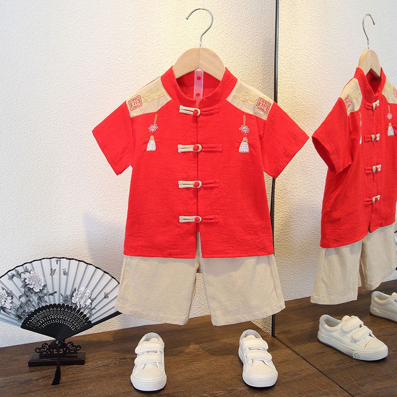 Cny baby phong cách trung quốc tangsuit set năm mới bé trai bé gái thoáng khí hanfu trẻ em thường ngắn tay tangsuit