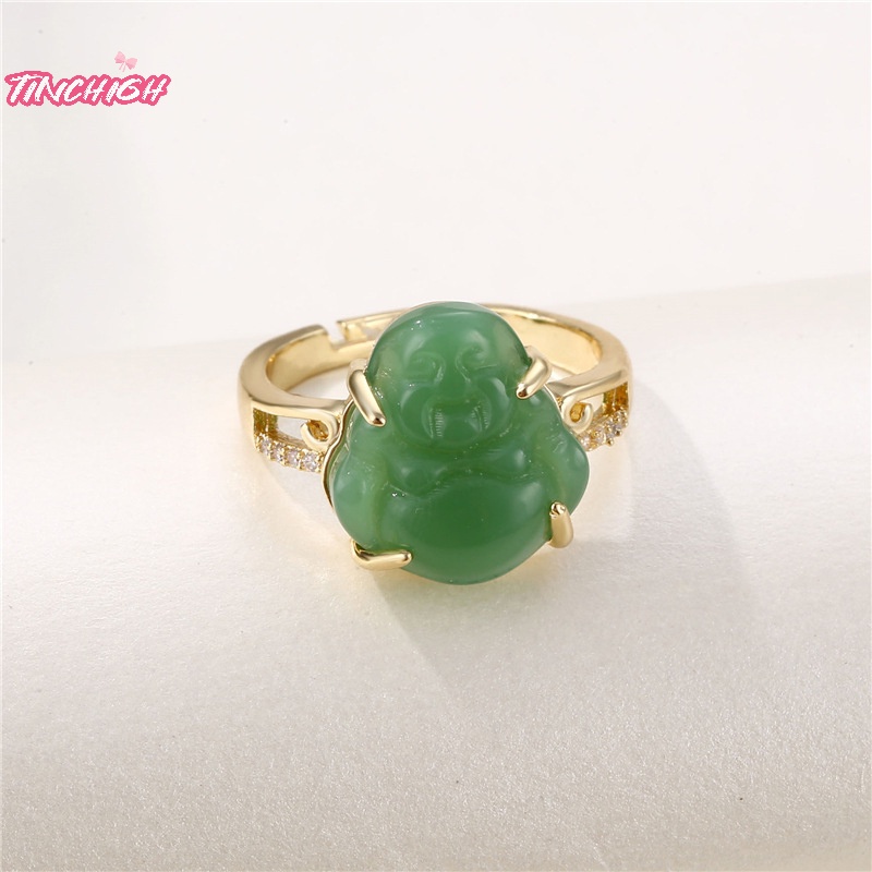 Mạ vàng 18k nhẫn phật cười ngọc bích xanh khối zirconia đá quý mở cuff có thể điều chỉnh trang sức bùa hộ mệnh may mắn cho phụ nữ nam giới [mới]