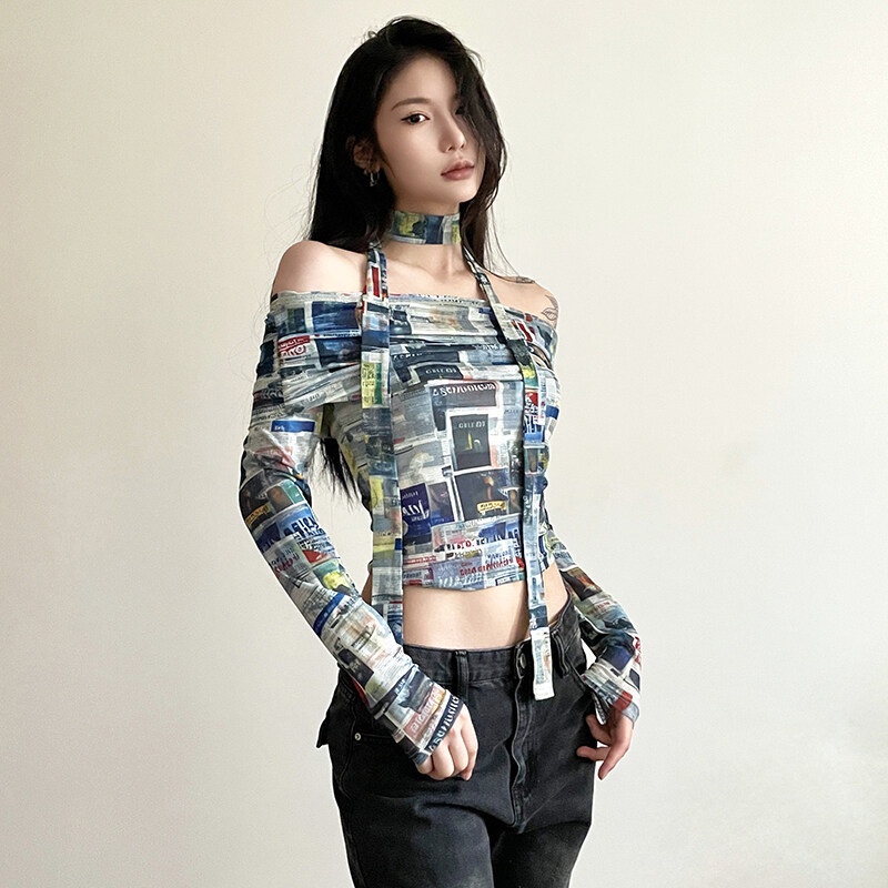 Áo thun croptop nữ WEIRD PUSS ôm dáng tay dài trễ vai in họa tiết cổ điển nhiều màu gợi cảm thời trang mới mùa thu