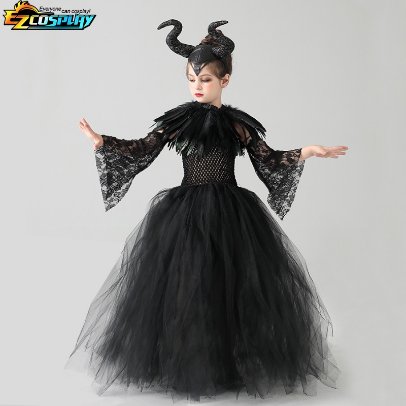 Disney maleficent costume dress halloween girls fancy christening black glam gownprom kids cosplay demon queen quần áo phù thủy