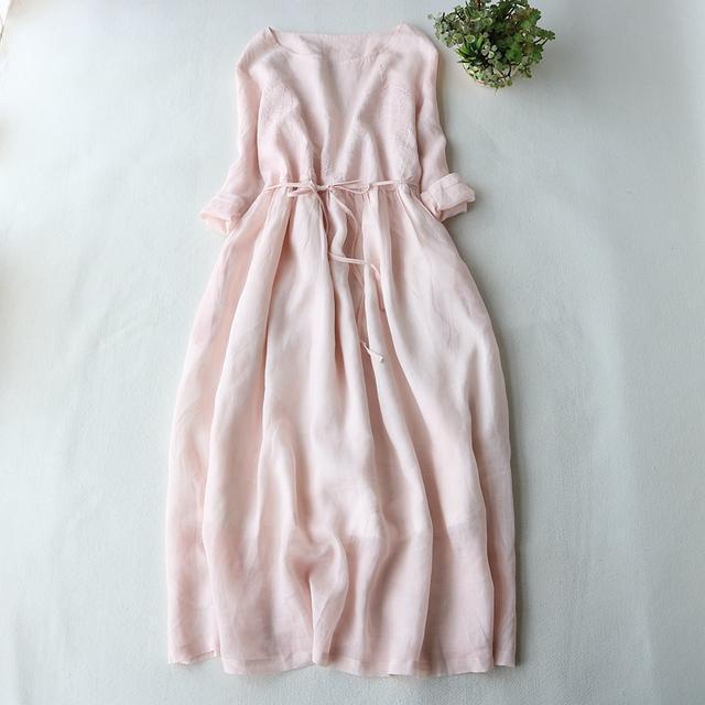 Ice cotton linen xuất khẩu ngoại thương kết thúc đặt hàng sản phẩm chính hãng thông quan rò rỉ pick-up pure ramie thêu váy ren-up hẹp-