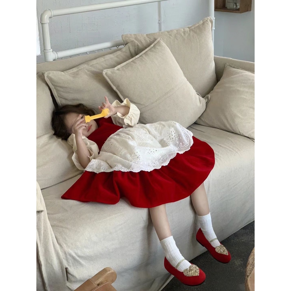 Đầm Công Chúa lolita Màu Đỏ Phong Cách Hàn Quốc Thời Trang Mùa Thu Cho Bé Gái