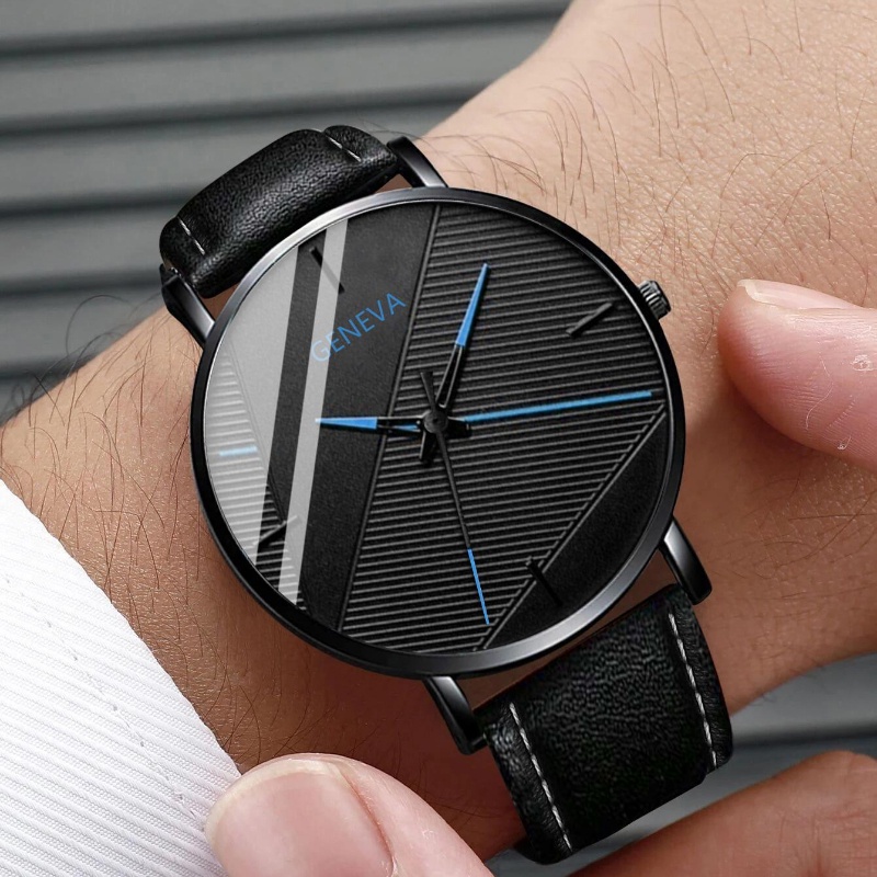 4 cái cho nam bộ đồng hồ màu đen đơn giản mặt tròn dây da đồng hồ thạch anh