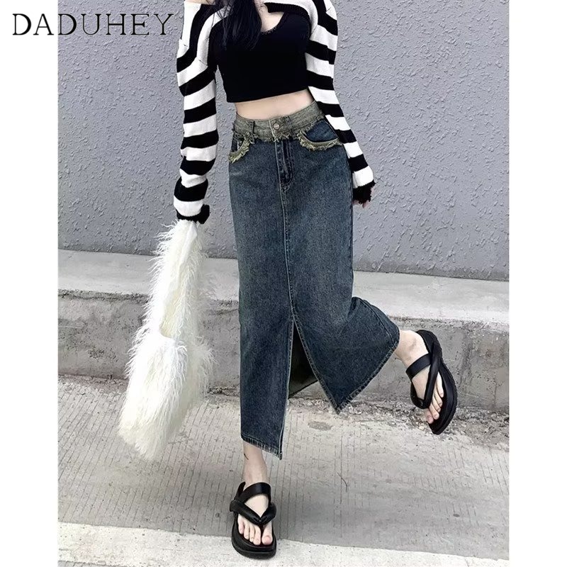 DaDuHey New American Ins High Street Retro Raw Edge Denim Skirt Niche High Waist A- line Skirt Bag Hip Skirt