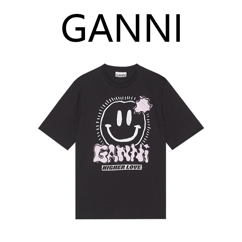 Ganni ladies letter smiley face in cổ tròn tay ngắn áo thun lỏng thường t-shirt tay ngắn