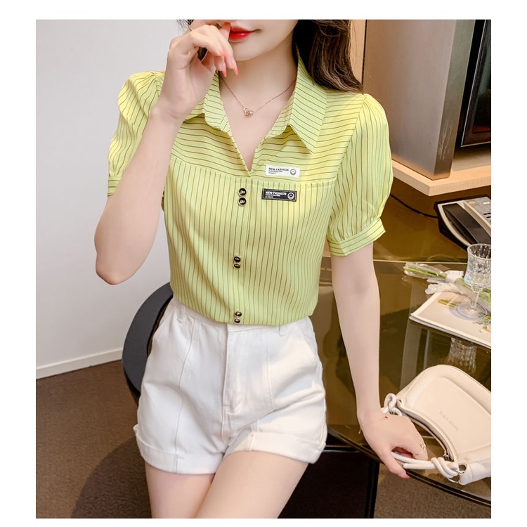 Áo sơ mi nữ polo cổ sọc voan ghi nhãn áo sơ mi