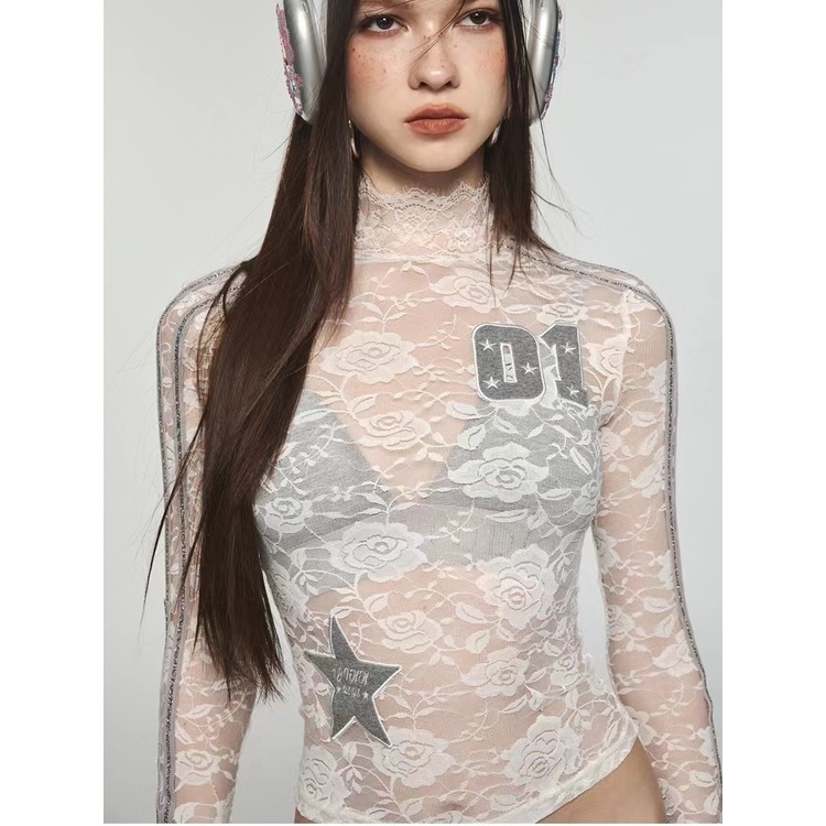1jinn studio contrast color retro lace hot girl long-sleeved t-shirt half-high collar slim fit with micro-permeable long-sleeved bottom shirt