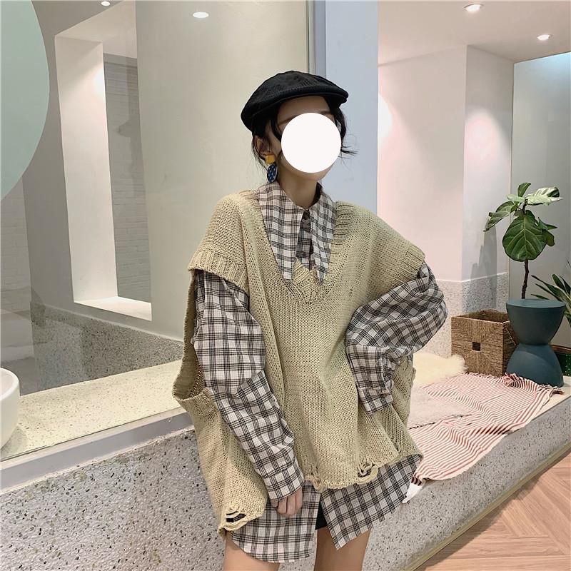 Set Áo Len Không Tay + Áo Sơ Mi Dài Tay Phong Cách Hàn Quốc Dành Cho Nữ