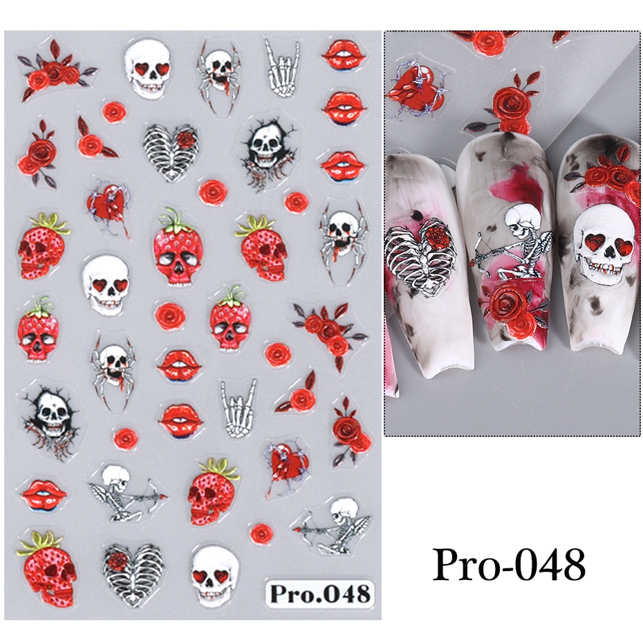 Halloween ma bí ngô nail sticker 5d nổi ngôi sao mạng nhện hộp sọ hoa hồng phim hoạt hình lễ hội mùa đông trang trí móng tay