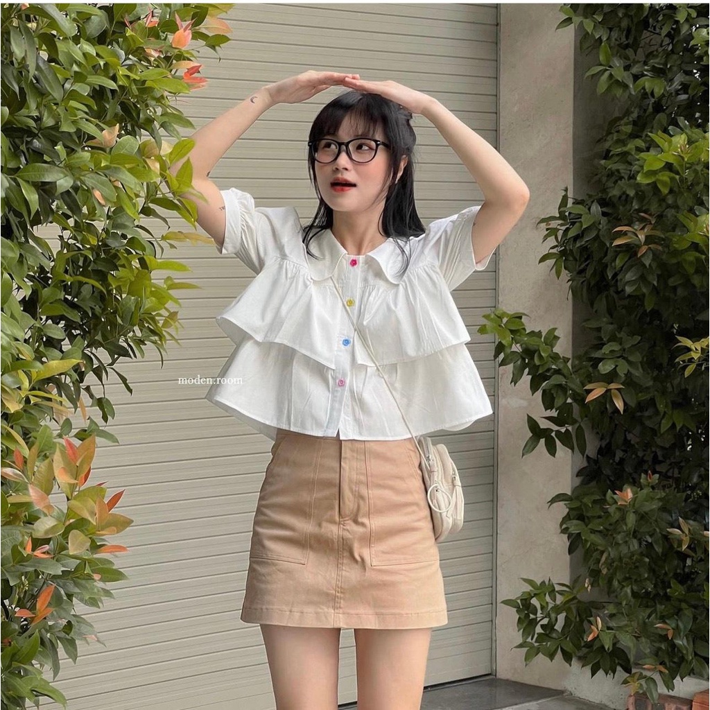 Áo Sơ Mi cổ tầng bèo cúc hình hoa, Áo sơ mi trắng dáng croptop đi học đi chơi