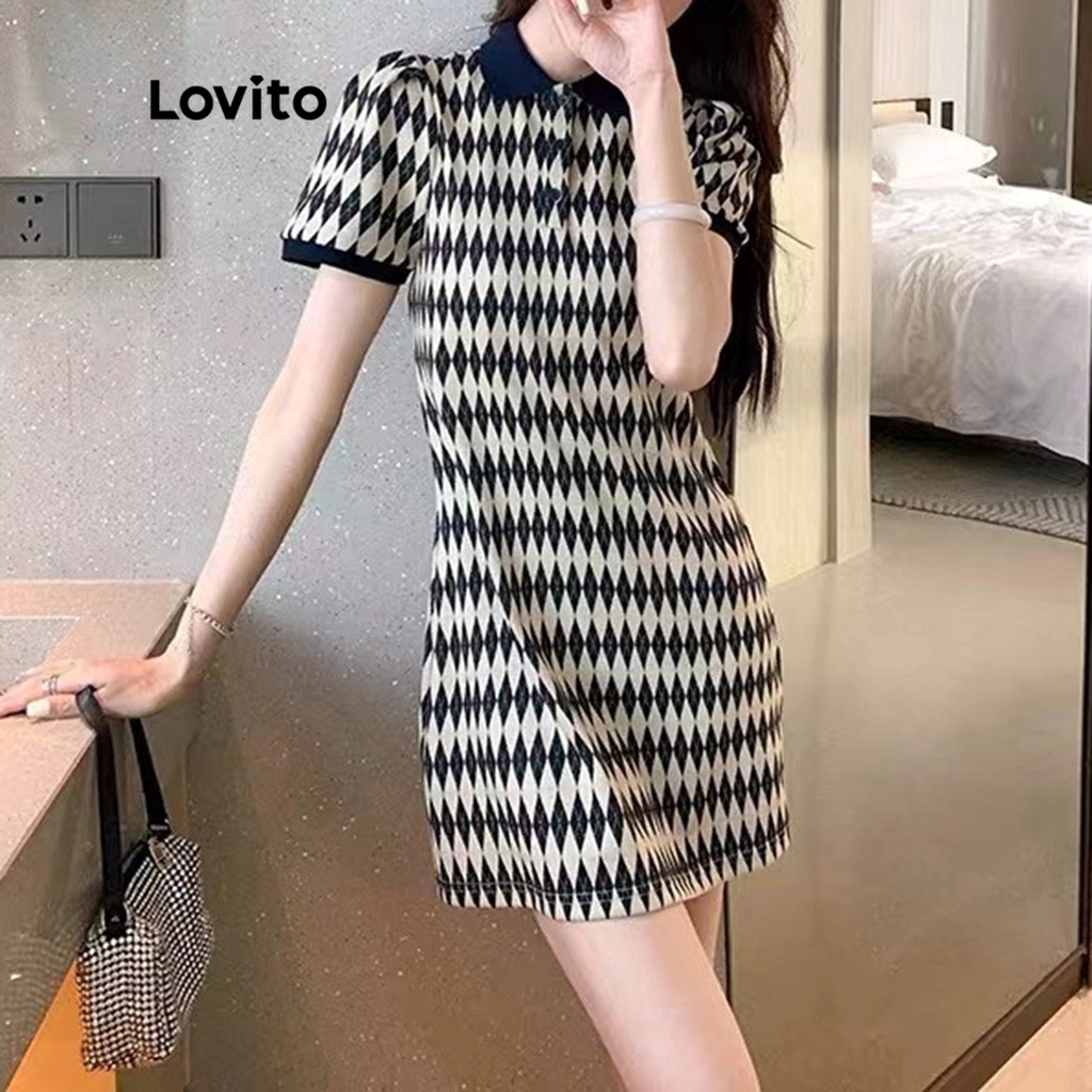 Đầm Lovito midi dáng chữ A cổ tương phản họa tiết kẻ sọc thanh lịch cho nữ LNE04131 (màu đen và trắng)
