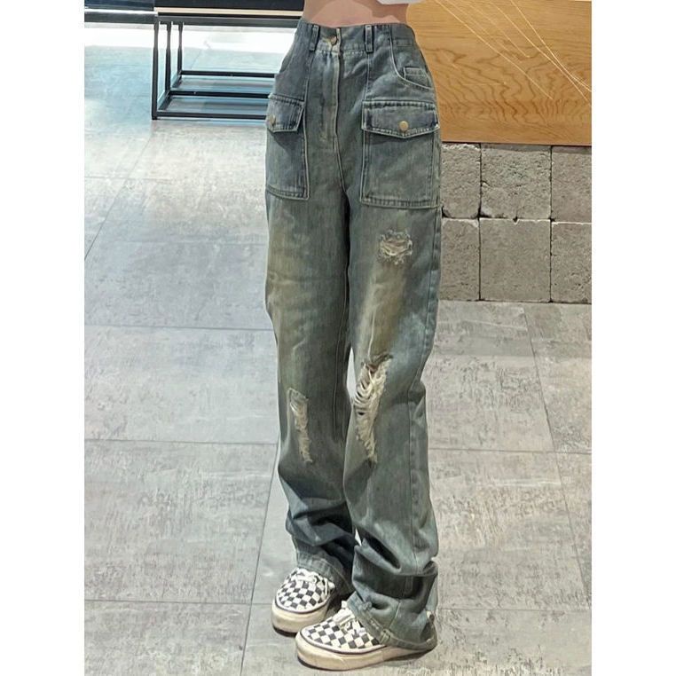 Jiashucheng Quần Jean Dài Dáng Rộng Phối Rách Kiểu Đường Phố Cá Tính Cho Nữ
