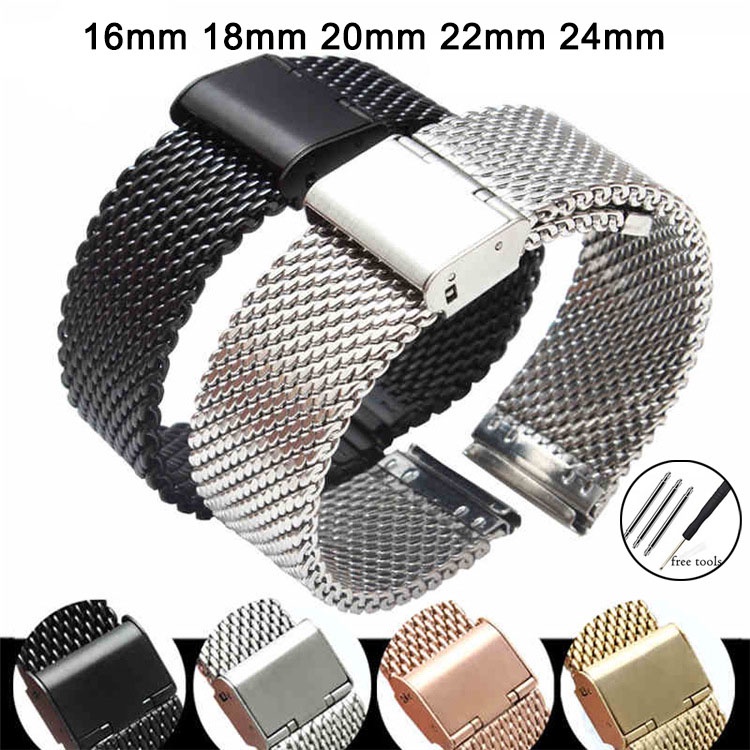 Dây Đồng Hồ Dạng Lưới Bằng Thép Không Gỉ Dày 3mm 16mm 18mm 20mm 22mm 24mm 1.0mm