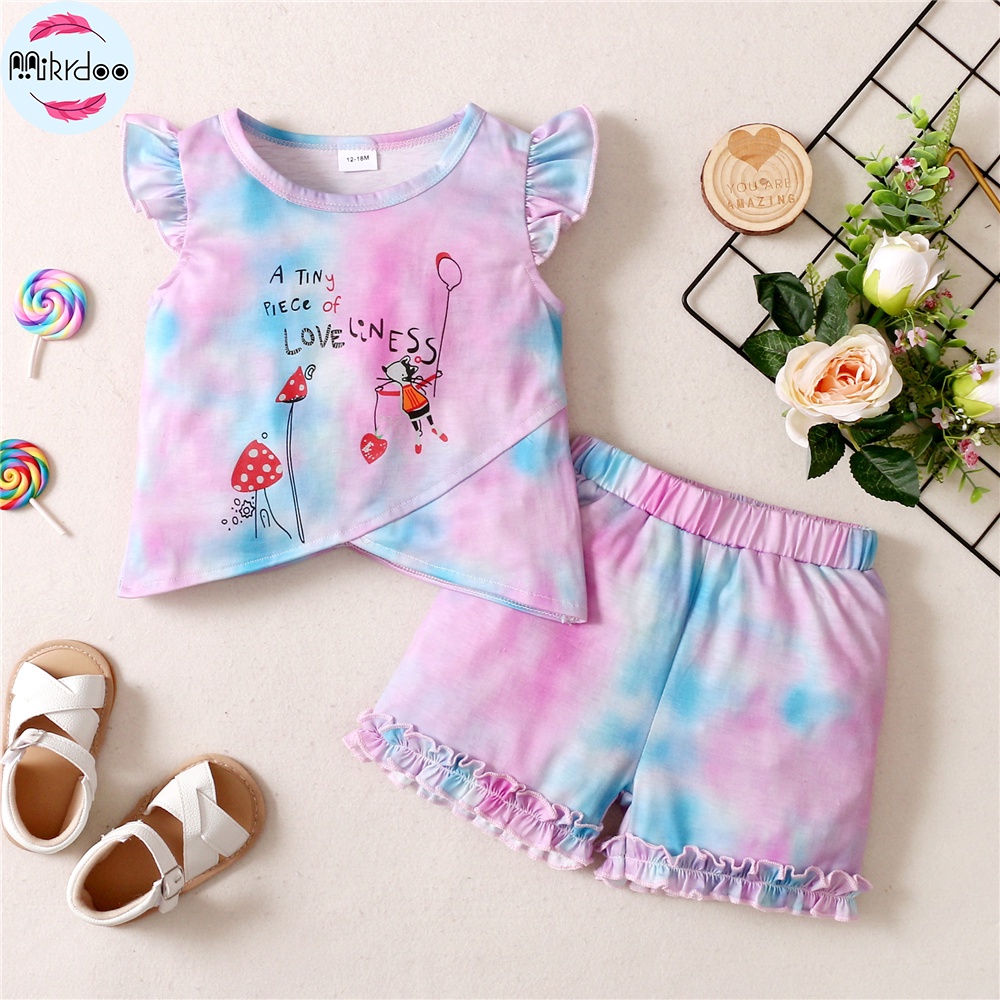 Set đồ mùa hè 2 món MIKRDOO gồm áo tay bay in họa tiết và quần ngắn đáng yêu cho bé gái 1-5 tuổi