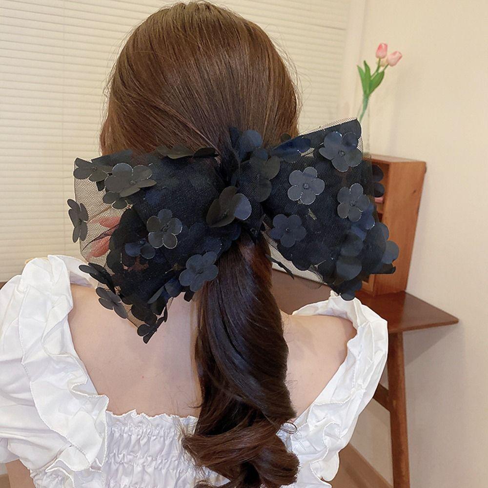 Kẹp Tóc Hình Nơ Phối Lưới Họa Tiết Hoa Xinh Xắn Thời Trang Cho Nữ Giá Đỡ