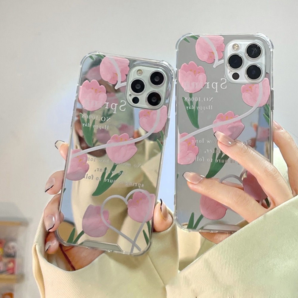 Ốp Điện Thoại TPU Dẻo Gắn Gương Trang Điểm In Hình Hoa Tulip Cho IPhone 13 12 11 Pro Max XS XR 8 7 Plus