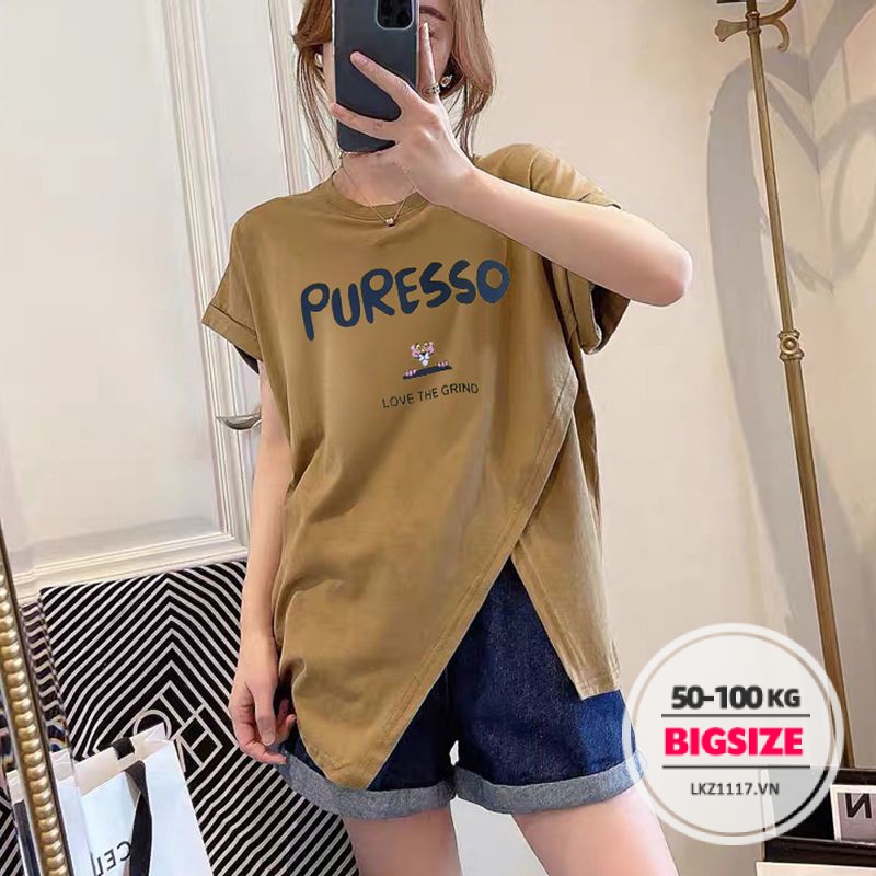 Áo thun nữ tay ngắn Bigsize Áo kiểu form rộng cổ tròn xẻ tà mùa hè Phong cách Hàn Quốc Thời Trang đẹp