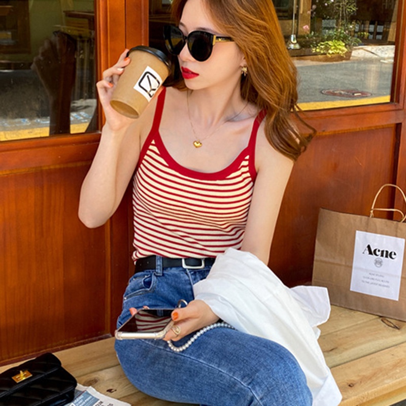 IELGY Áo Dệt Kim Không Tay Dáng Ôm Họa Tiết Kẻ Sọc Phong Cách hong kong Thời Trang Cho Nữ