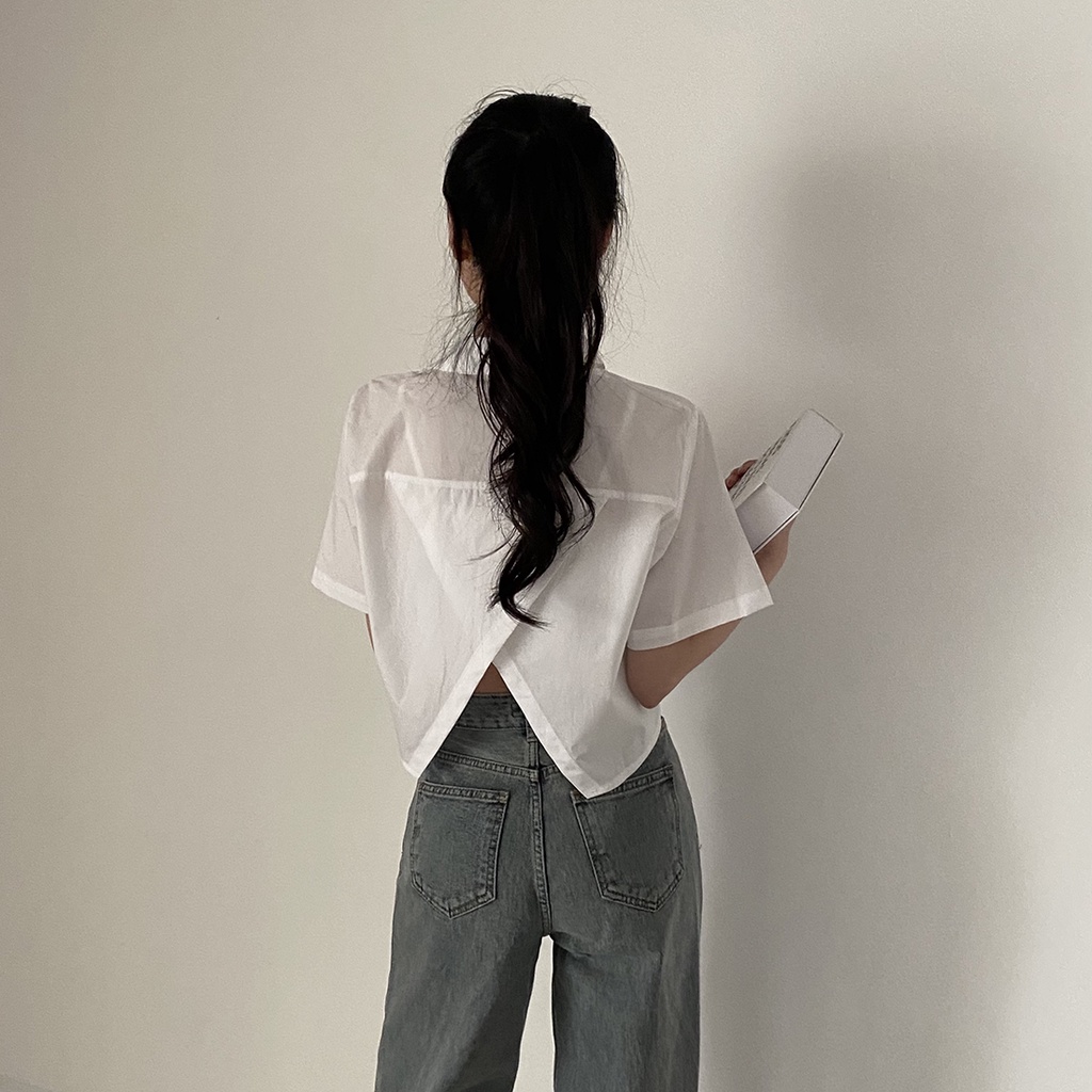 Áo Kiểu Tay Ngắn Dáng Rộng Màu Trơn Thiết Kế Xẻ Phong Cách Hàn Quốc
