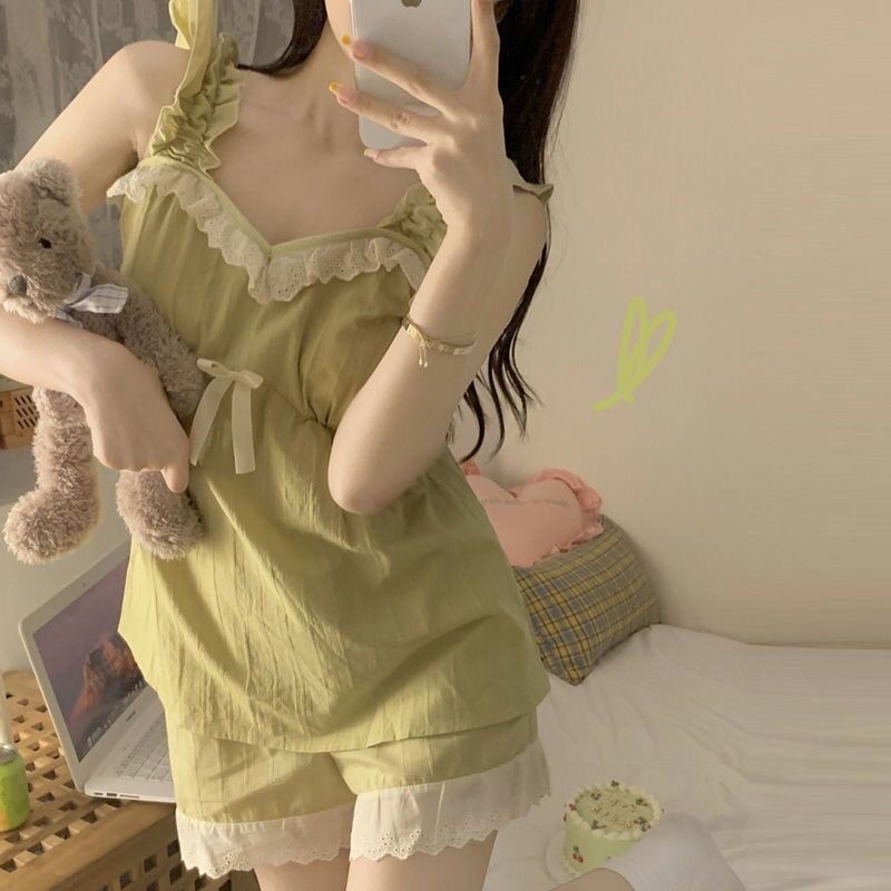 Bộ Đồ Ngủ Hai Dây Phối Ren Có Miếng Đệm Ngực Thời Trang Mùa Hè Cho Nữ