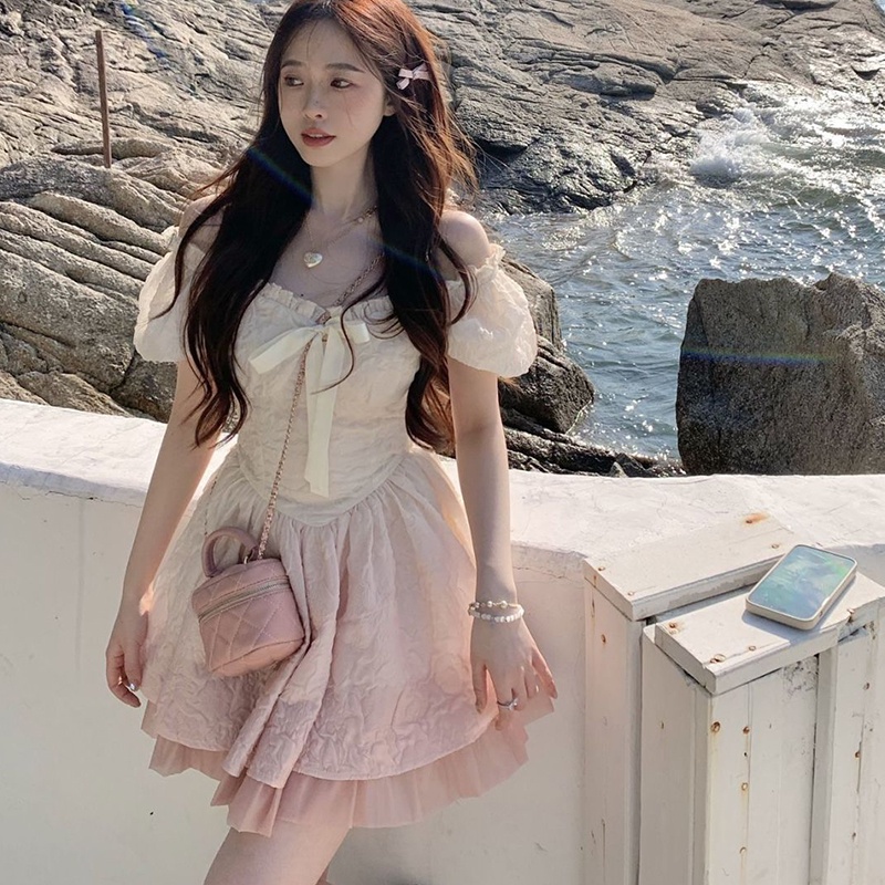 IELGY    Đầm Ngắn Chiết Eo Màu Hồng gradient Trắng Và Ngọt Ngào Phong Cách Hàn Quốc Cho Nữ