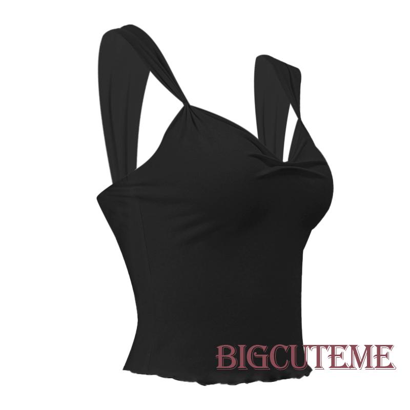 [] Áo Thun Crop Top Không Tay Cổ Chữ V Màu Trơn Viền Diềm Xếp Nếp Mùa Hè Cho Nữ