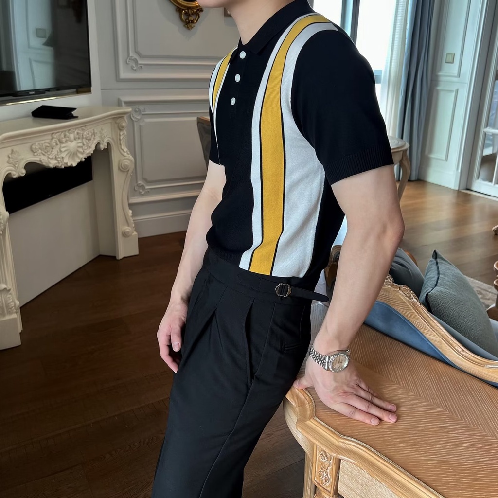 Áo Thun Polo Tay Ngắn Dáng Ôm Họa Tiết Kẻ Sọc Màu Đen Thời Trang Mùa Hè Cao Cấp Cho Nam