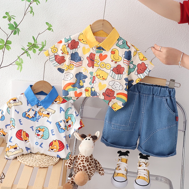 Set áo sơ mi bé trai kèm quần đùi jean MINTSCLOSET Mint's Closet áo đi biển họa tiết cho bé trai 1 2 3 4 5 tuổi - TN3183