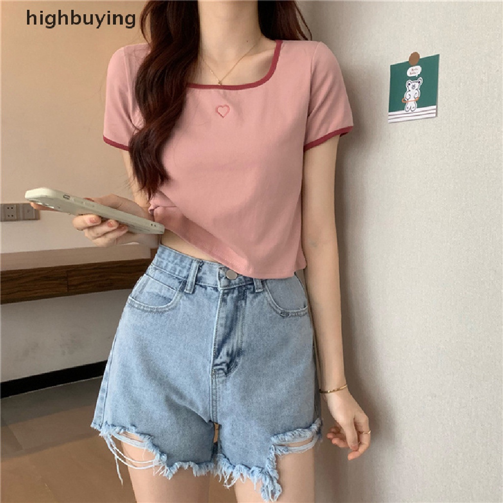 Áo Thun Croptop Ngắn Tay Cổ Vuông Thêu Họa Tiết Trái Tim Màu Sắc Tương Phản Thời Trang Mùa Hè Cho Nữ