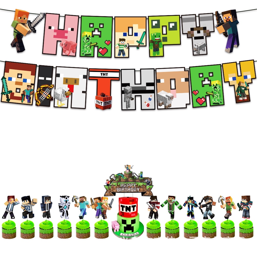 Bộ Bong Bóng Trang Trí Bánh Kem Sinh Nhật Chủ Đề Minecraft Cho Bé