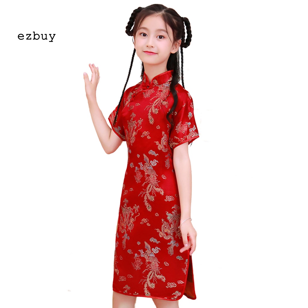 [EY] Đầm Sườn Xám Cổ Đứng Bằng Polyester Siêu Mềm In Họa Tiết Phượng Hoàng Tinh Tế Sống Động Trang Trí Phong Cách Retro Dành Cho Bé Gái Đi