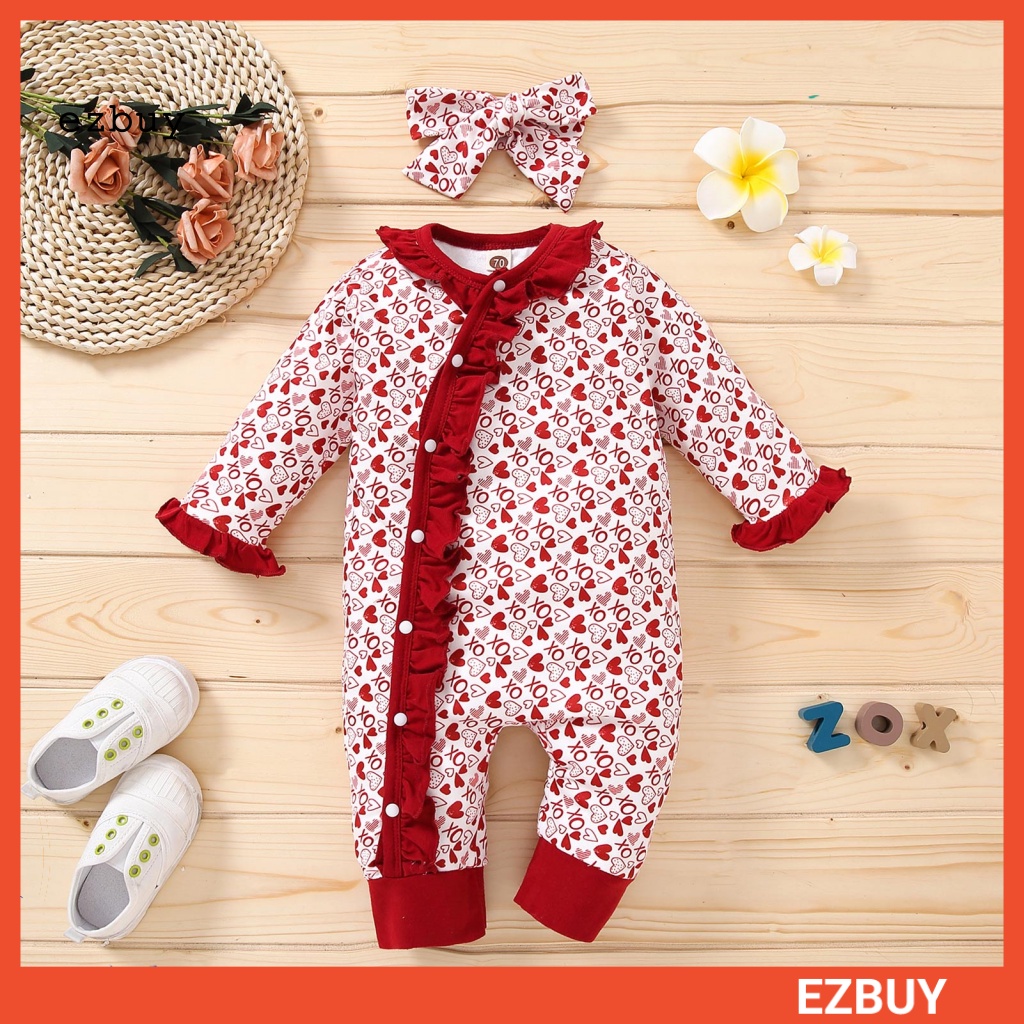 Set 2 Áo Liền Quần Mềm Mại Thoải Mái In Họa Tiết Trái Tim Kèm Băng Đô Cho Bé