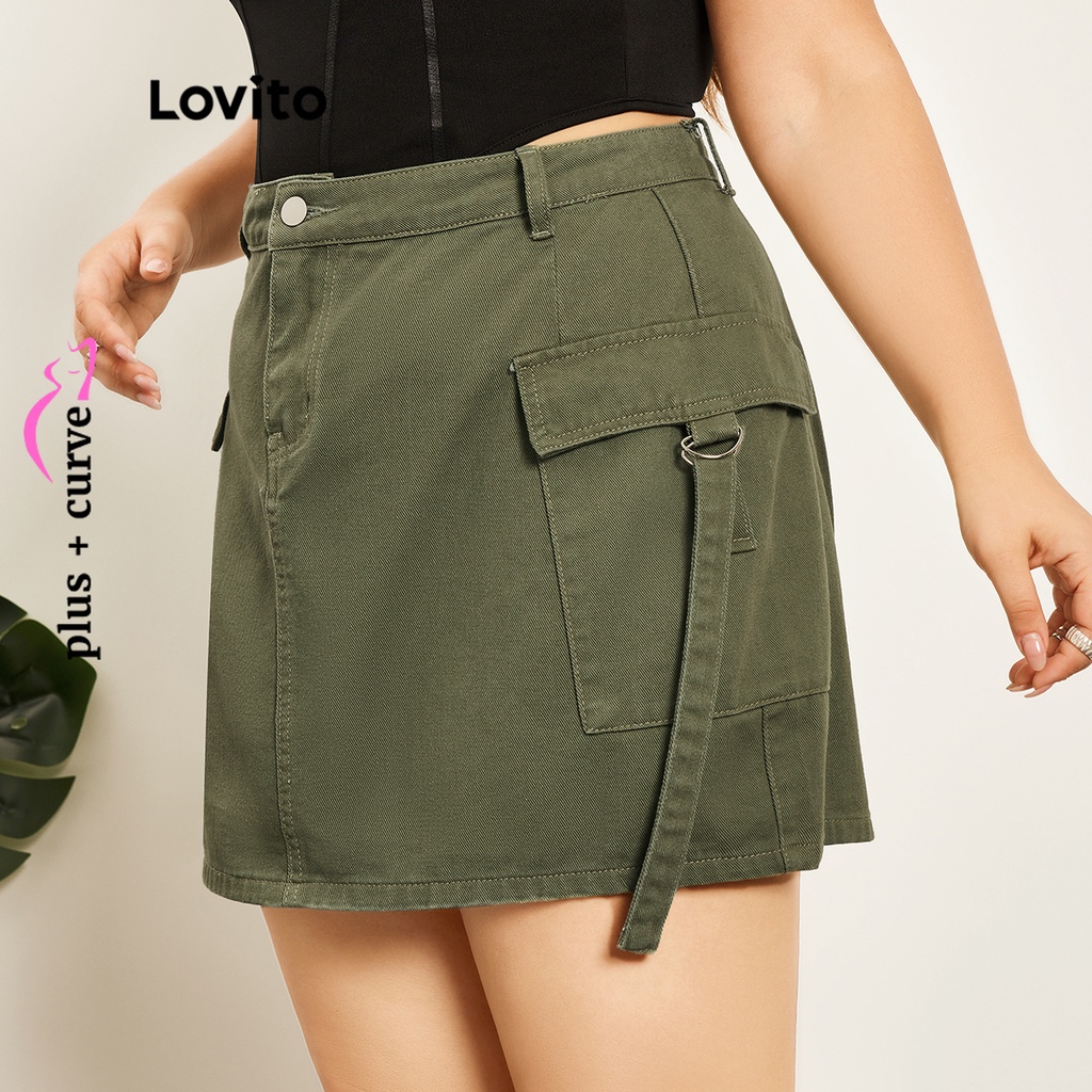 Chân váy Lovito phối dây kéo có túi màu trơn thường ngày tôn đường cong size lớn cho nữ LPS07028 (Màu xanh lá)