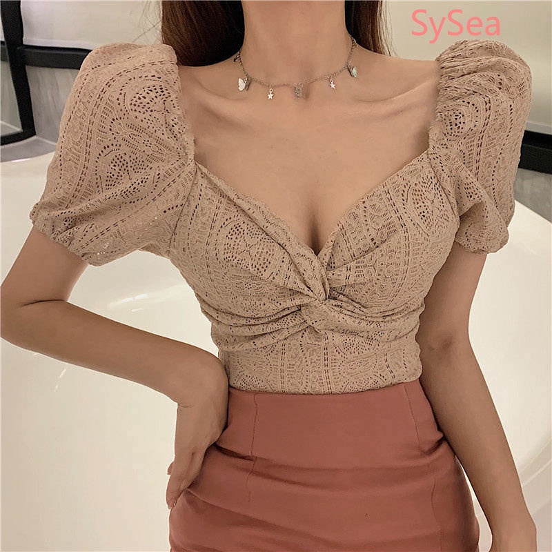 Áo Kiểu Tay Phồng Cổ Chữ V Phối Ren Thời Trang Hè Thanh Lịch Cho Nữ