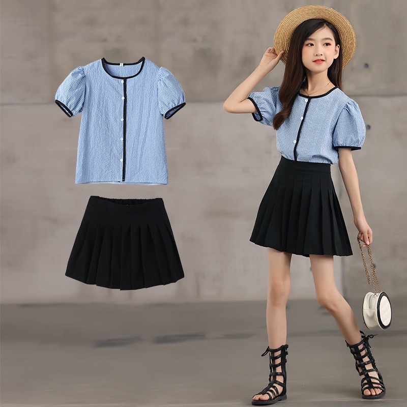 Set Đồ Mùa Hè Hàn Quốc 2023 Gồm Áo Sơ Mi Kẻ Sọc Caro + Chân Váy Xếp Ly Dài Vừa Kích Thước Lớn Cho Bé Gái